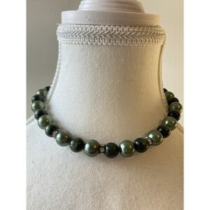 Vintage Green Faux Pearl‎ Bead Choker Necklace Rhinestone Spacer Dark Romantic